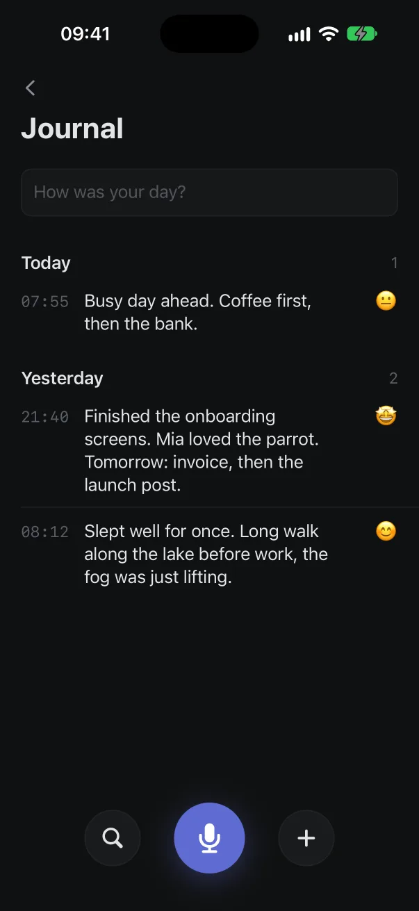 Yappa's journal: entries with times and moods.